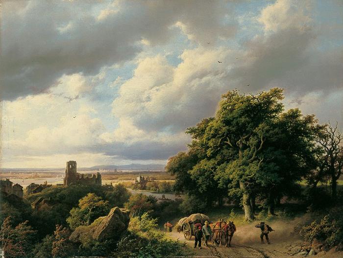 Barend Cornelis Koekkoek Flublandschaft mit Ruine und Pferdewagen oil painting picture